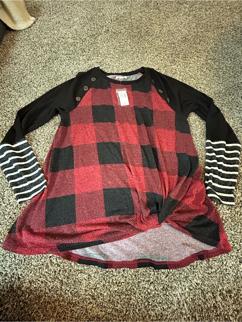 Maurices Red & Black Buffalo Plaid Raglan Top with Striped Cuffs